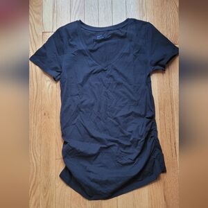 Pact Maternity Black V-Neck Short Sleeve Ruched Tee, Size Small